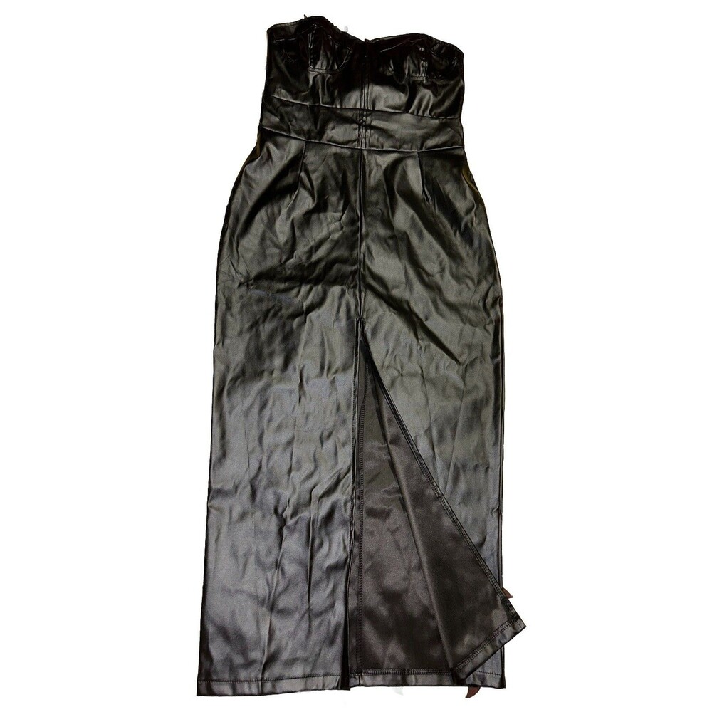 YG Collection Womens Maxi Dress Black Leather Strapless Shoulder Cut Out Sz XL